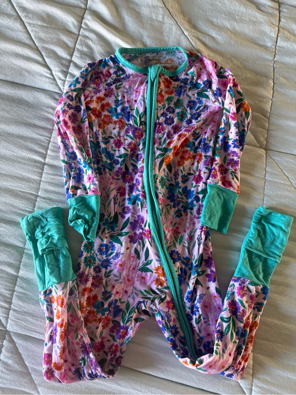 Little Sleepies Floral Zip One-Piece Pajamas with Teal Trim